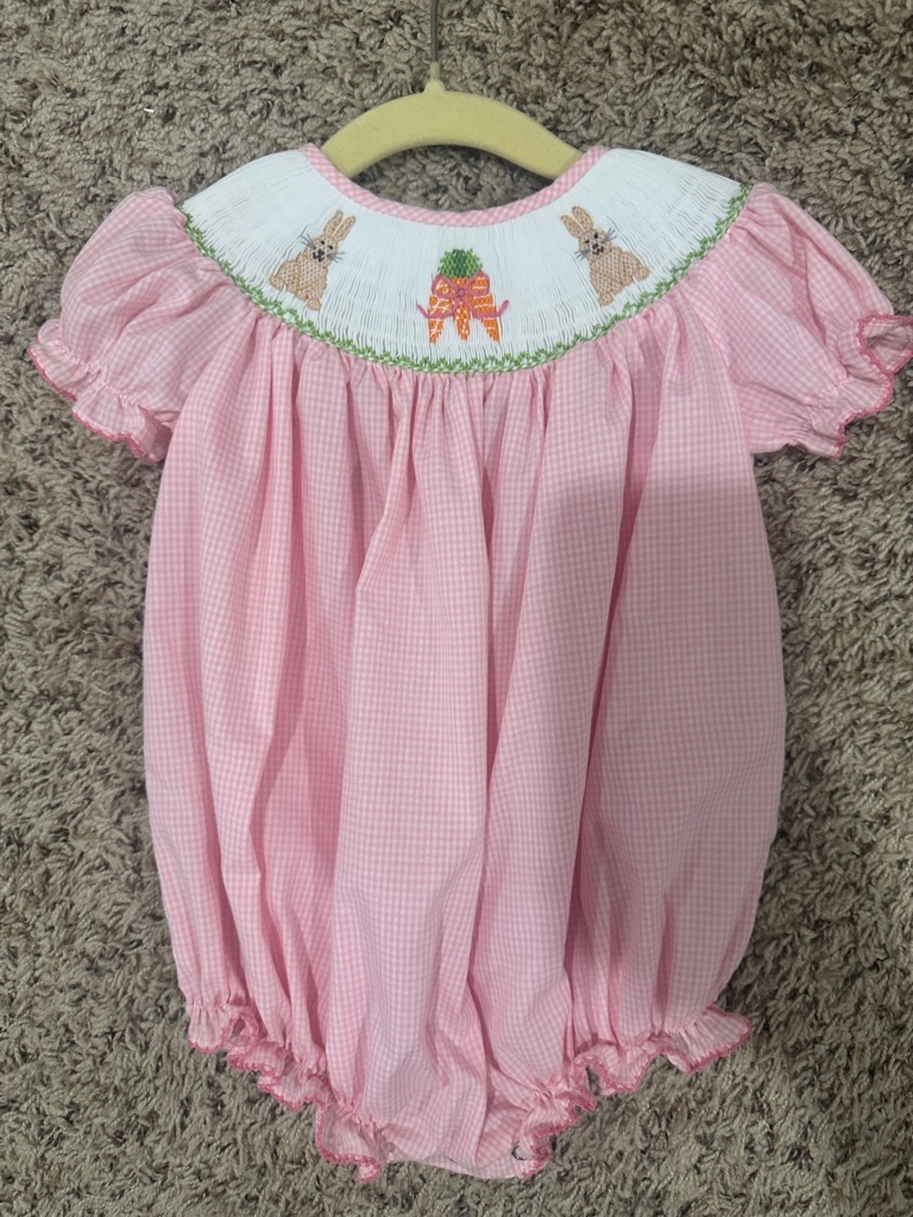 Pink Baby One-Piece Bodysuit with Smocked Bunny & Carrot Detail